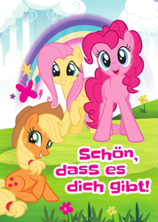 Size: 1245x1752 | Tagged: safe, derpibooru import, applejack, fluttershy, pinkie pie, earth pony, pegasus, pony, g4, applejack's hat, clothes, cloud, cowboy hat, female, flower, german, grass, hat, mare, official, rainbow, translated in the comments, water, waterfall