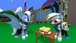 Size: 1920x1080 | Tagged: safe, artist:ask-the-luna-knight, derpibooru import, derpy hooves, trixie, bat pony, 3d, bunny ears, food, muffin, source filmmaker