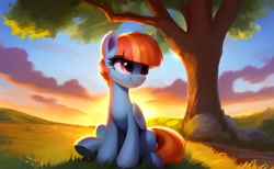 Size: 2496x1536 | Tagged: safe, ai content, derpibooru exclusive, derpibooru import, generator:pony diffusion v5, generator:stable diffusion, machine learning generated, windy whistles, pegasus, pony, cloud, female, grass, mare, prompter:siber, rock, sitting, sky, solo, sunset, tree