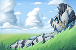 Size: 660x434 | Tagged: safe, artist:zeepheru_pone, derpibooru import, zecora, zebra, atg 2023, cloud, ear piercing, earring, female, grass, jewelry, lying down, newbie artist training grounds, piercing, sky, solo