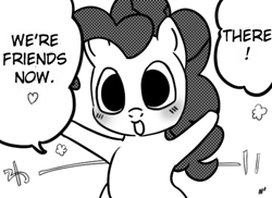 Size: 529x386 | Tagged: safe, artist:n', derpibooru import, pinkie pie, earth pony, pony, blushing, female, grayscale, looking at you, manga style, mare, monochrome, open mouth, open smile, ponified, reaction image, smiling, smiling at you, solo, species swap, speech bubble, talking, talking to viewer