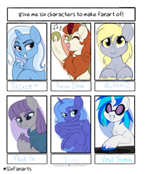 Size: 1101x1314 | Tagged: safe, artist:lulubell, derpibooru import, autumn blaze, boulder (pet), derpy hooves, dj pon-3, maud pie, princess luna, trixie, vinyl scratch, alicorn, earth pony, kirin, pegasus, unicorn, chest fluff, eyes closed, grin, happy, lidded eyes, looking at you, music notes, s1 luna, singing, six fanarts, smiling, unshorn fetlocks