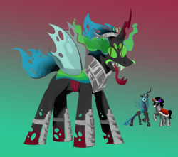Size: 1700x1500 | Tagged: safe, artist:msponies, derpibooru import, changeling, pony, unicorn, armor, forked tongue, four eyes, fusion, fusion:king sombra, fusion:queen chrysalis, gradient background, hybrid fusion, insect wings, solo, wings
