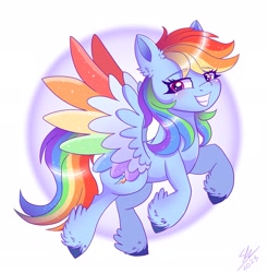 Size: 2129x2164 | Tagged: safe, artist:galaxy swirl, derpibooru import, rainbow dash, pegasus, pony, colored wings, colored wingtips, female, grin, mare, multicolored wings, simple background, smiling, solo, spread wings, unshorn fetlocks, white background, wings