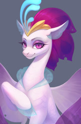 Size: 1950x3000 | Tagged: safe, artist:inarimayer, derpibooru import, queen novo, seapony (g4), g4, my little pony: the movie, bust, clothes, collar, colored pupils, crown, cute, digital art, ears, eyelashes, eyeshadow, female, fin wings, fins, floppy ears, gray background, high res, jewelry, lidded eyes, looking at you, makeup, portrait, purple eyes, purple mane, regalia, see-through, simple background, smiling, smiling at you, solo, spread wings, wings
