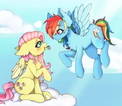 Size: 2350x2048 | Tagged: safe, artist:kittygutzzart, derpibooru import, fluttershy, rainbow dash, pegasus, pony, blushing, cloud, duo, female, flower, flower in mouth, flutterdash, flying, heart, heart eyes, lesbian, looking at each other, looking at someone, mare, mouth hold, on a cloud, shipping, sitting, sitting on cloud, sky, wingding eyes