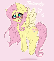 Size: 1823x2045 | Tagged: safe, artist:kittygutzzart, derpibooru import, fluttershy, pegasus, pony, blushing, chest fluff, cute, female, flying, glasses, heart, heart eyes, mare, open mouth, open smile, pink background, shyabetes, simple background, smiling, solo, spread wings, wingding eyes, wings