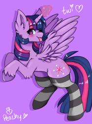 Size: 2048x2732 | Tagged: safe, artist:kittygutzzart, derpibooru import, twilight sparkle, twilight sparkle (alicorn), alicorn, pony, :p, blushing, clothes, cute, female, glowing, glowing horn, horn, looking at you, mare, one eye closed, purple background, rearing, signature, simple background, socks, solo, spread wings, striped socks, tongue, tongue out, twiabetes, wings, wink, winking at you