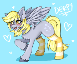 Size: 1941x1620 | Tagged: safe, artist:kittygutzzart, derpibooru import, derpy hooves, pegasus, pony, blue background, blushing, clothes, cute, derp, derpabetes, female, heart, mare, open mouth, open smile, simple background, smiling, socks, solo, striped socks