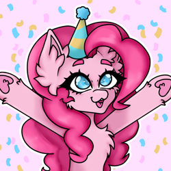 Size: 2048x2048 | Tagged: safe, artist:kittygutzzart, derpibooru import, pinkie pie, earth pony, pony, bushy brows, chest fluff, confetti, cute, diapinkes, female, hat, mare, open mouth, open smile, outstretched arms, party hat, pink background, simple background, smiling, solo, underhoof