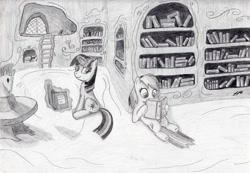 Size: 900x623 | Tagged: safe, artist:septilsix, derpibooru import, rainbow dash, twilight sparkle, unicorn twilight, pegasus, pony, unicorn, book, female, golden oaks library, mare, reading, traditional art