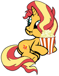 Size: 482x622 | Tagged: safe, artist:noikincade67, derpibooru import, sunset shimmer, pony, unicorn, bucket, eating, female, food, popcorn, simple background, solo, transparent background