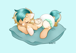 Size: 3507x2480 | Tagged: safe, artist:kirari_chan, derpibooru import, oc, oc only, pegasus, pony, advertisement, auction, baby, blue background, commission, commission info, commissions open, cute, cyan background, diaper, diaper fetish, eyes closed, female, fetish, folded wings, full body, lying, lying down, pegasus oc, pillow, simple background, sleeping, sleepy, solo, wings, ych example, ych result, your character here