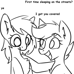 Size: 1920x1924 | Tagged: safe, artist:anonymous, twibooru import, scootaloo, oc, oc:anon filly, earth pony, pegasus, pony, /mlp/, 4chan, black and white, dialogue, female, filly, foal, grayscale, grin, homeless, looking at each other, monochrome, sad, simple background, smiling, white background
