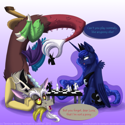 Size: 2100x2100 | Tagged: safe, artist:inuhoshi-to-darkpen, derpibooru import, discord, princess luna, alicorn, draconequus, pony, 2013, artifact, chess, female, lunacord, male, mare, prehensile tail, shipping, straight, table, tail, tail hold, upside down