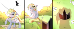 Size: 2863x1138 | Tagged: safe, artist:kidaoriginal, derpibooru import, derpy hooves, pegasus, pony, comic:derpy - the creator of dreams, comic, crown, crying, flower, grass, hitting, jewelry, regalia, shadow, sitting, smack, solo, tears of pain, teary eyes