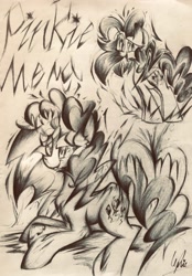 Size: 2482x3573 | Tagged: safe, artist:lydia, derpibooru import, pinkie pie, pony, crazy face, excited, faic, female, giggling, looking at you, monochrome, open mouth, pencil drawing, sketch, smiling, telling lies, traditional art