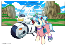 Size: 3336x2308 | Tagged: safe, artist:vinilyart, derpibooru import, coco pommel, earth pony, pony, alternate hairstyle, bulma, clothes, cocobetes, converse, cosplay, costume, cute, dragon ball, dress, female, high res, looking at you, mare, motorcycle, pigtails, shoes, smiling, smiling at you, sneakers, solo