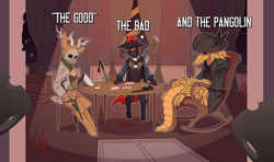 Size: 3800x2250 | Tagged: safe, artist:chapaevv, derpibooru import, oc, oc only, oc:phasmatodea, changeling, deer, alcohol, axe, card, changeling oc, commission, crossover, feral, gun, handgun, hunt showdown, looking at you, offscreen character, orange changeling, pangolin, pistol, pov, sitting, standing, text, weapon