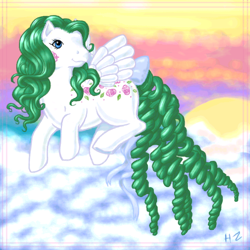 Size: 600x600 | Tagged: safe, artist:hollowzero, derpibooru import, oc, oc only, oc:juliette, pegasus, pony, g1, bow, cloud, cloudy, curly tail, female, flying, mare, outdoors, signature, smiling, solo, spread wings, sun, tail, tail bow, wings