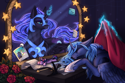 Size: 2351x1567 | Tagged: safe, artist:artmael sverr, derpibooru import, nightmare moon, princess celestia, princess luna, twilight sparkle, alicorn, pony, blanket, curved horn, female, flower, horn, magic, mare, mirror, nicemare moon, paper, pencil, picture, plushie, pony plushie, rose, s1 luna, sleeping, telekinesis