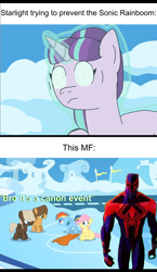 Size: 2942x5083 | Tagged: safe, derpibooru import, screencap, fluttershy, rainbow dash, starlight glimmer, human, pegasus, unicorn, the cutie mark chronicles, the cutie re-mark, canon event, cloudsdale, male, marvel, miguel o'hara, spider-man, spider-man 2099, spider-man: across the spider-verse, spiderman 2099, spiderverse