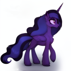 Size: 1344x1344 | Tagged: safe, ai content, derpibooru import, generator:stable diffusion, machine learning generated, oc, oc only, alicorn, pony, fallout equestria, artificial alicorn, fanfic, fanfic art, female, purple alicorn (fo:e), purple eyes, raised hoof, raised leg, simple background, solo, white background