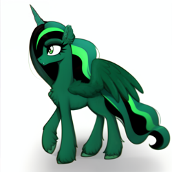 Size: 2064x2064 | Tagged: safe, ai content, derpibooru import, generator:stable diffusion, machine learning generated, oc, oc only, alicorn, pony, fallout equestria, artificial alicorn, fanfic, fanfic art, female, green alicorn (fo:e), raised hoof, raised leg, simple background, solo, white background, wings