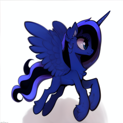 Size: 2048x2048 | Tagged: safe, ai content, derpibooru import, generator:stable diffusion, machine learning generated, oc, oc only, alicorn, pony, fallout equestria, artificial alicorn, blue alicorn (fo:e), fanfic, fanfic art, female, flying, raised hoof, raised leg, simple background, solo, spread wings, white background, wings