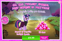 Size: 1956x1295 | Tagged: safe, derpibooru import, idw, twilight sparkle, pony, unicorn, advertisement, clothes, costs real money, english, female, gameloft, gem, horn, idw showified, mare, mobile game, my little pony: magic princess, numbers, official, sale, scarf, solo, text, tyrant sparkle