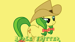 Size: 1920x1080 | Tagged: safe, artist:rainbowplasma, derpibooru import, edit, editor:jaredking779, apple fritter, earth pony, pony, apple family member, background pony, cowboy hat, female, hat, mare, simple background, solo, yellow background