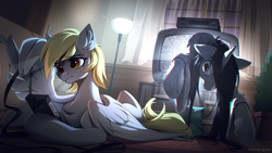 Size: 2300x1294 | Tagged: safe, artist:redchetgreen, derpibooru import, derpy hooves, ghost, ghost pony, pegasus, pony, undead, unicorn, duo, horror, imminent death, lamp, long hair, static, television, the ring