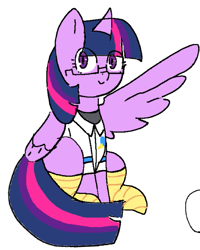 Size: 639x798 | Tagged: safe, anonymous artist, derpibooru import, twilight sparkle, twilight sparkle (alicorn), alicorn, pony, aggie.io, berdly, c:, clothes, cosplay, costume, crossover, deltarune, female, glasses, looking at you, mare, no source available, simple background, sitting, smiling, socks, solo, striped socks, stylistic suck, white background