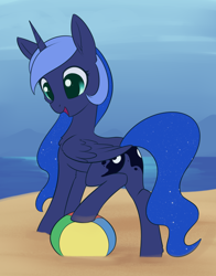 Size: 1620x2070 | Tagged: safe, artist:dusthiel, derpibooru import, princess luna, alicorn, pony, atg 2023, beach, beach ball, butt, female, looking down, mare, newbie artist training grounds, open mouth, open smile, plot, smiling, solo