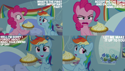 Size: 2000x1125 | Tagged: safe, derpibooru import, edit, edited screencap, editor:quoterific, screencap, pinkie pie, rainbow dash, pony, secrets and pies, bed hair, bed mane, dashabuse, food, jerk, overreacting, pie, psychological abuse, psychological torture, rainbow dash's house