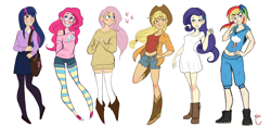 Size: 2300x1080 | Tagged: safe, artist:milyrage, derpibooru import, applejack, fluttershy, pinkie pie, rainbow dash, rarity, twilight sparkle, human, 2014, clothes, humanized, light skin, mane six, old art, simple background, socks, striped socks, white background