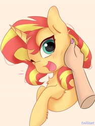 Size: 3072x4096 | Tagged: safe, artist:twiliset, derpibooru import, sunset shimmer, human, pony, unicorn, equestria girls 10th anniversary, cute, female, hand, looking at you, open mouth, shimmerbetes, simple background, solo, touch