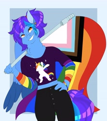 Size: 3643x4096 | Tagged: safe, artist:inisealga, derpibooru import, oc, oc only, oc:angley, anthro, abstract background, clothes, commission, dab, female, gradient background, mare, pride, pride flag, pride month, solo, ych result, your character here