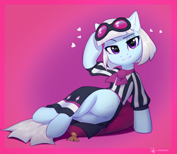 Size: 2780x2410 | Tagged: safe, artist:taneysha, derpibooru import, photo finish, earth pony, pony, belly fluff, clothes, draw me like one of your french girls, featureless crotch, female, glasses, heart, looking at you, mare, pillow, pink background, raised eyebrow, simple background, smiling, smiling at you, solo
