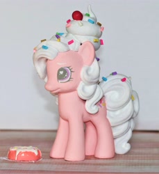 Size: 3502x3826 | Tagged: safe, artist:mistyquest, derpibooru import, pinkie pie, oc, oc only, oc:sugar sprinkle, earth pony, pony, candy, colored pupils, cupcake, curly hair, curly mane, curly tail, customized toy, cute, dessert, donut, etsy, eyebrows, female, female oc, food, frosting, girly girl, ice cream, innocent, irl, mare, ooak, open commissions, painted figure, pastel, pastry, photo, pink coat, pink fur, purple eyes, side view, sold, solo, sprinkles, standing, sweets, tail, toy, white hair, white mane, white tail