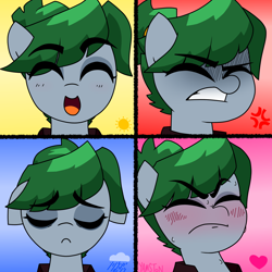 Size: 1600x1600 | Tagged: safe, artist:yamston, derpibooru import, oc, oc only, oc:odia bleak, earth pony, pony, fanfic:living the dream, 2023, angry, blushing, expressions, eyes closed, fanfic art, female, frown, green mane, hair bun, happy, magical lesbian spawn, mare, offspring, parent:oc:babel yarn, parent:oc:roxxy bleak, sad, smiling, solo, sweat