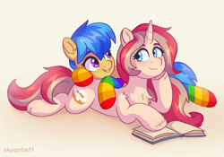 Size: 2012x1405 | Tagged: safe, artist:skysorbett, derpibooru import, oc, oc only, oc:dashka bun, oc:eclair winglain, pony, unicorn, book, chest fluff, clothes, duo, duo female, female, lying down, rainbow socks, smiling, socks, striped socks, two toned mane