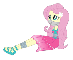 Size: 2427x2000 | Tagged: safe, artist:splendidbondage, derpibooru import, fluttershy, human, better together, equestria girls, spring breakdown, bondage, bound and gagged, gag, simple background, solo, tape, tape bondage, transparent background