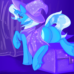 Size: 2000x2000 | Tagged: safe, alternate version, artist:dankpegasista, derpibooru exclusive, derpibooru import, trixie, pony, unicorn, angle, blue coat, butt, cape, chest, clothes, colored eyelashes, colored lineart, colored pupils, curtains, cute, detailed background, diatrixes, digital art, dock, eyebrows, eyelashes, female, frog (hoof), full body, gem, gradient background, hat, heart, heart eyes, high res, highlights, hoof fluff, krita, leaning, leaning back, long eyelashes, looking at you, looking back, looking back at you, mare, open mouth, plot, presenting, presenting butt, raised hoof, raised leg, shading, shiny mane, shiny skin, smiling, smiling at you, soft shading, solo, stars, tail, tail aside, teeth, the great and powerful ass, trixie's cape, trixie's hat, underhoof, wall of tags, wingding eyes