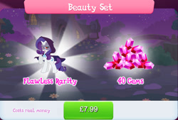 Size: 1270x856 | Tagged: safe, derpibooru import, idw, rarity, pony, unicorn, bundle, cloak, clothes, costs real money, doctor doomity, english, female, gameloft, gem, horn, idw showified, mare, mask, mobile game, my little pony: magic princess, numbers, official, sale, solo, text