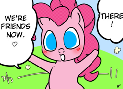Size: 529x386 | Tagged: safe, anonymous artist, derpibooru import, pinkie pie, earth pony, pony, blushing, colored, cute, dialogue, diapinkes, drawthread, female, heart, looking at you, manga, mare, smiling, solo, talking to viewer