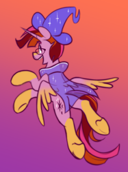 Size: 1280x1707 | Tagged: safe, artist:msponies, derpibooru import, alicorn, pony, coat markings, colored wings, fusion, fusion:sunburst, fusion:twilight sparkle, glasses, gradient background, gradient wings, hat, socks (coat marking), solo, wings, wizard hat, wizard robe
