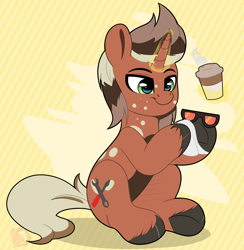 Size: 1620x1662 | Tagged: safe, artist:joaothejohn, derpibooru import, oc, pony, unicorn, cleaning, coffee, commission, horn, magic, male, male oc, oc name needed, simple background, sitting, solo, sunglasses, unicorn oc