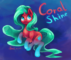 Size: 3603x3035 | Tagged: safe, artist:ryanmandraws, derpibooru import, oc, oc only, oc:coral shine, unicorn, colorful, cute, female, flowing mane, flowing tail, glowing, long hair, mare, ocean, swimming, tail, underwater, water