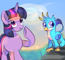 Size: 4000x3700 | Tagged: artist needed, source needed, safe, derpibooru import, gallus, twilight sparkle, unicorn twilight, griffon, pony, unicorn, cloud, duo, female, male, sky, teenager, younger, younger gallus
